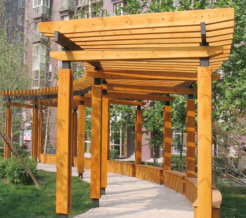 户外大型防腐木廊架 樟子松材质 配实木座椅